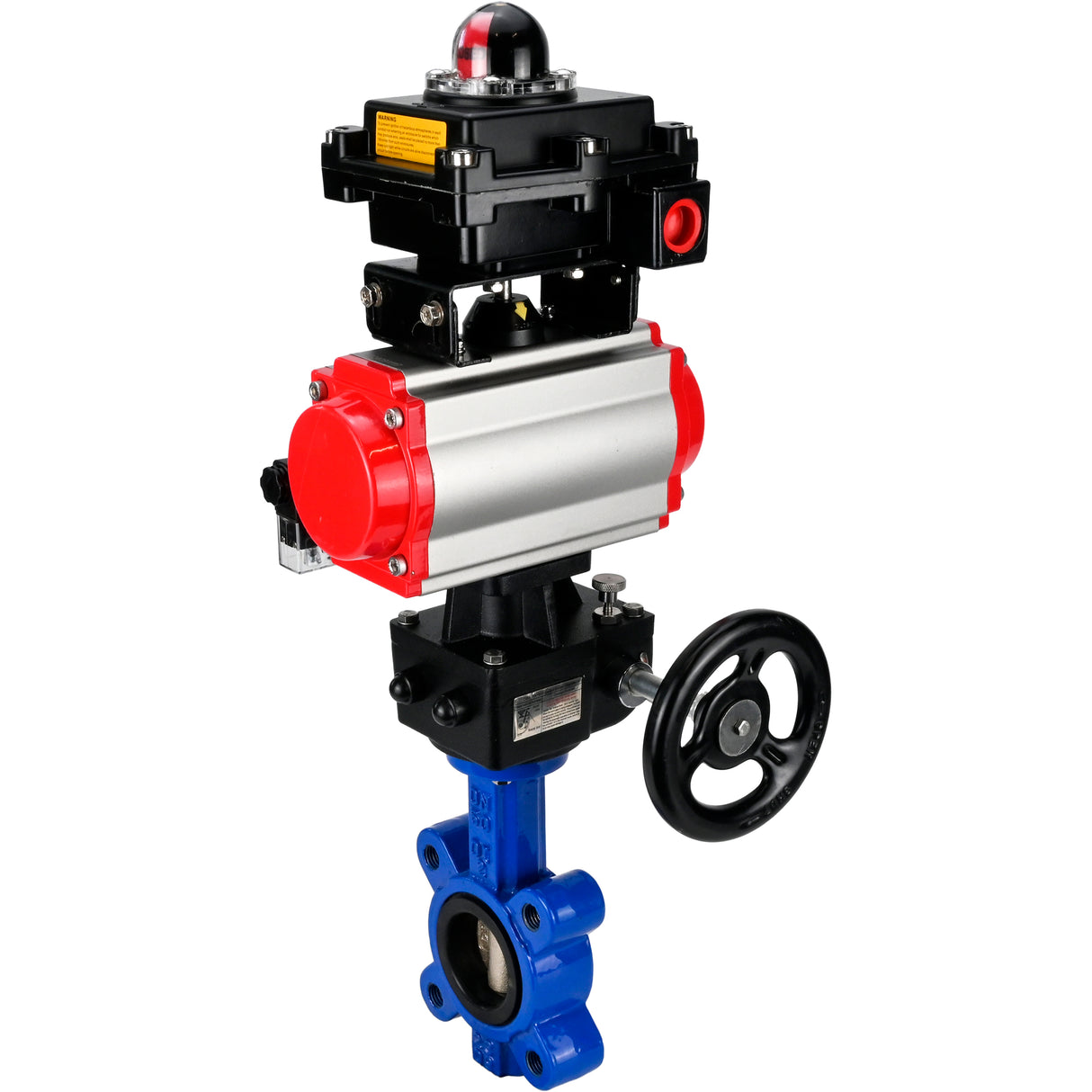 Vanne papillon d'eau Elephant WBV1616E-2W-Fb-H, matériau du corps - fonte QT450, matériau du disque - fonte QT450, joint - EPDM, actionneur pneumatique PA-DA double action, 4M310-08 220V, BKV APL-410N EX, volant MON