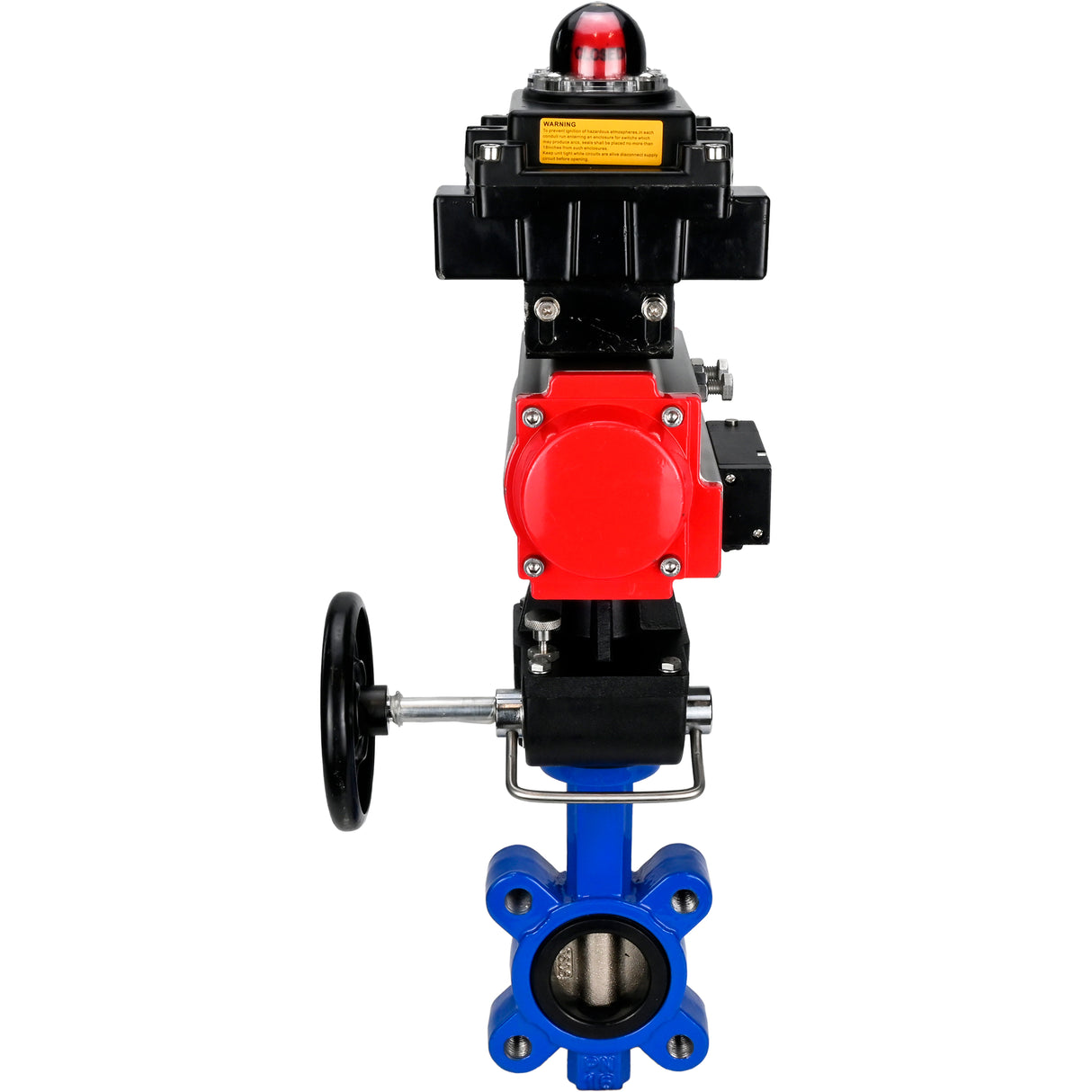 Vanne papillon d'eau Elephant WBV1616E-2W-Fb-H, matériau du corps - fonte QT450, matériau du disque - fonte QT450, joint - EPDM, actionneur pneumatique PA-DA double action, 4M310-08 220V, BKV APL-410N EX, volant MON