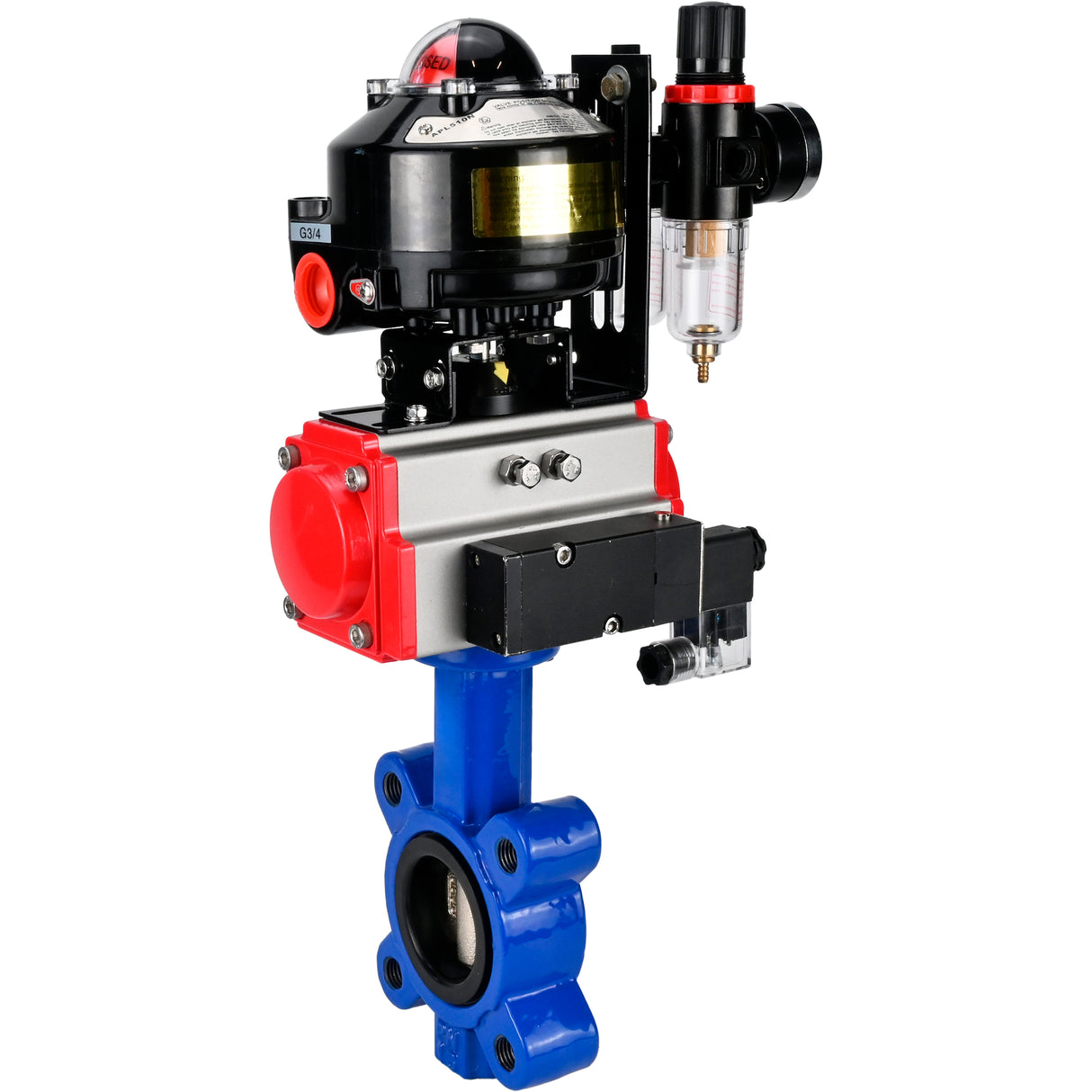 Vanne papillon d'eau Elephant WBV1616E-2W-Fb-H, matériau du corps - fonte QT450, matériau du disque - fonte QT450, joint - EPDM, actionneur pneumatique PA-SA avec ressorts de rappel, 4M310-08 220V, BKV APL-510N EX, BPV AFC2000
