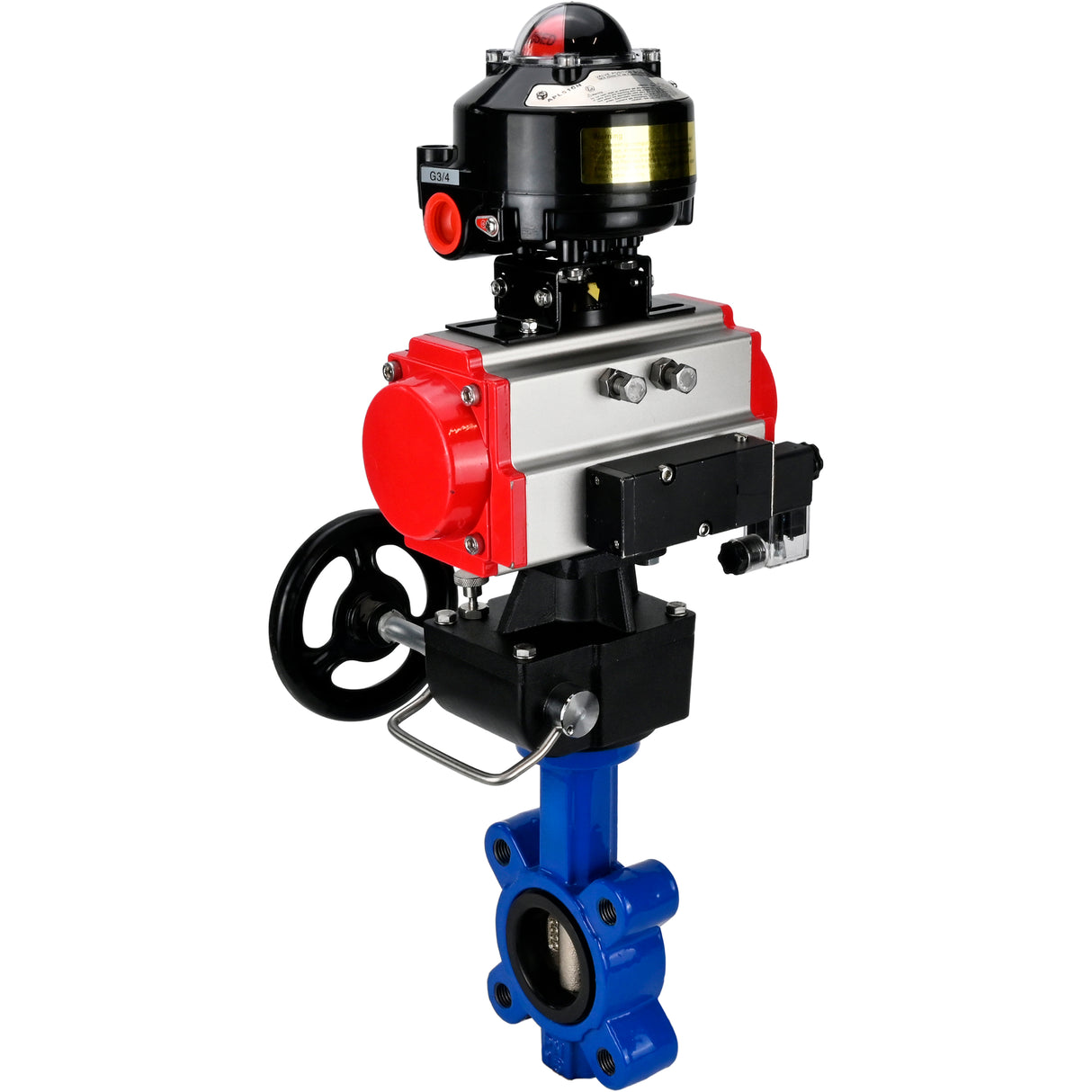 Vanne papillon d'eau Elephant WBV1616N-2W-Fb-H, matériau du corps - fonte QT450, matériau du disque - fonte QT450, joint - NBR, actionneur pneumatique PA-DA double action, 4M310-08 220V, BKV APL-510N EX, volant MON