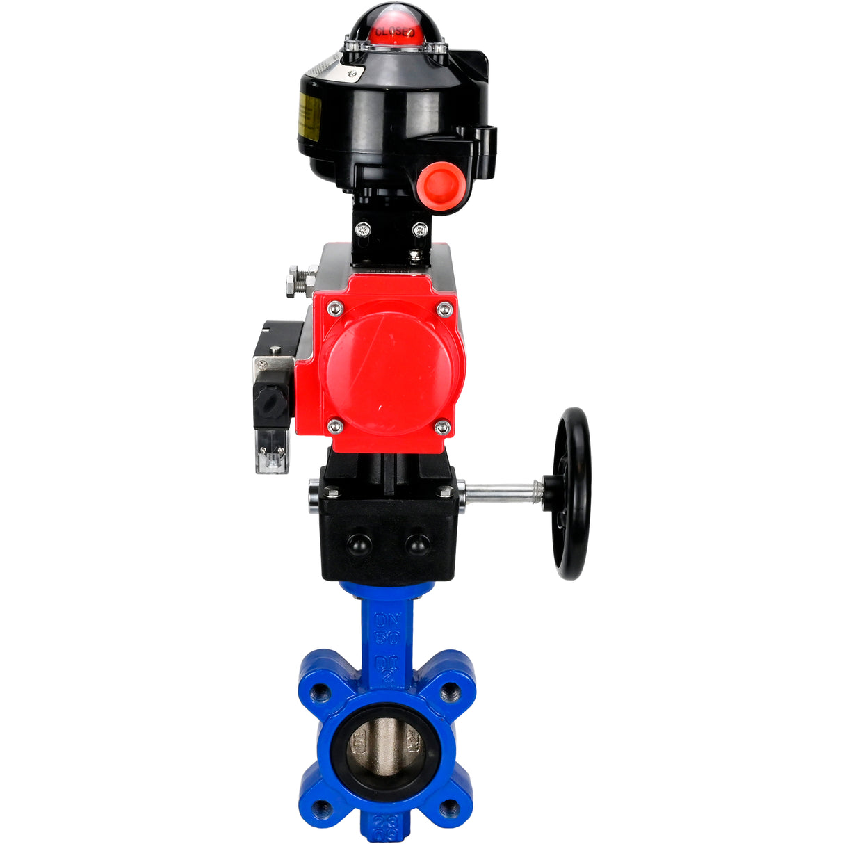 Vanne papillon d'eau Elephant WBV1616N-2W-Fb-H, matériau du corps - fonte QT450, matériau du disque - fonte QT450, joint - NBR, actionneur pneumatique PA-DA double action, 4M310-08 220V, BKV APL-510N EX, volant MON