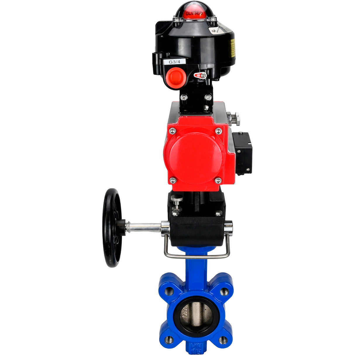 Vanne papillon d'eau Elephant WBV1616N-2W-Fb-H, matériau du corps - fonte QT450, matériau du disque - fonte QT450, joint - NBR, actionneur pneumatique PA-DA double action, 4M310-08 220V, BKV APL-510N EX, volant MON