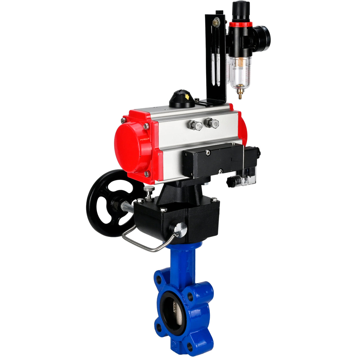 Vanne papillon d'eau Elephant WBV1616E-2W-Fb-H, matériau du corps - fonte QT450, matériau du disque - fonte QT450, joint - EPDM, actionneur pneumatique PA-DA double action, volant 4M310-08 220V MON, BPV AFC2000