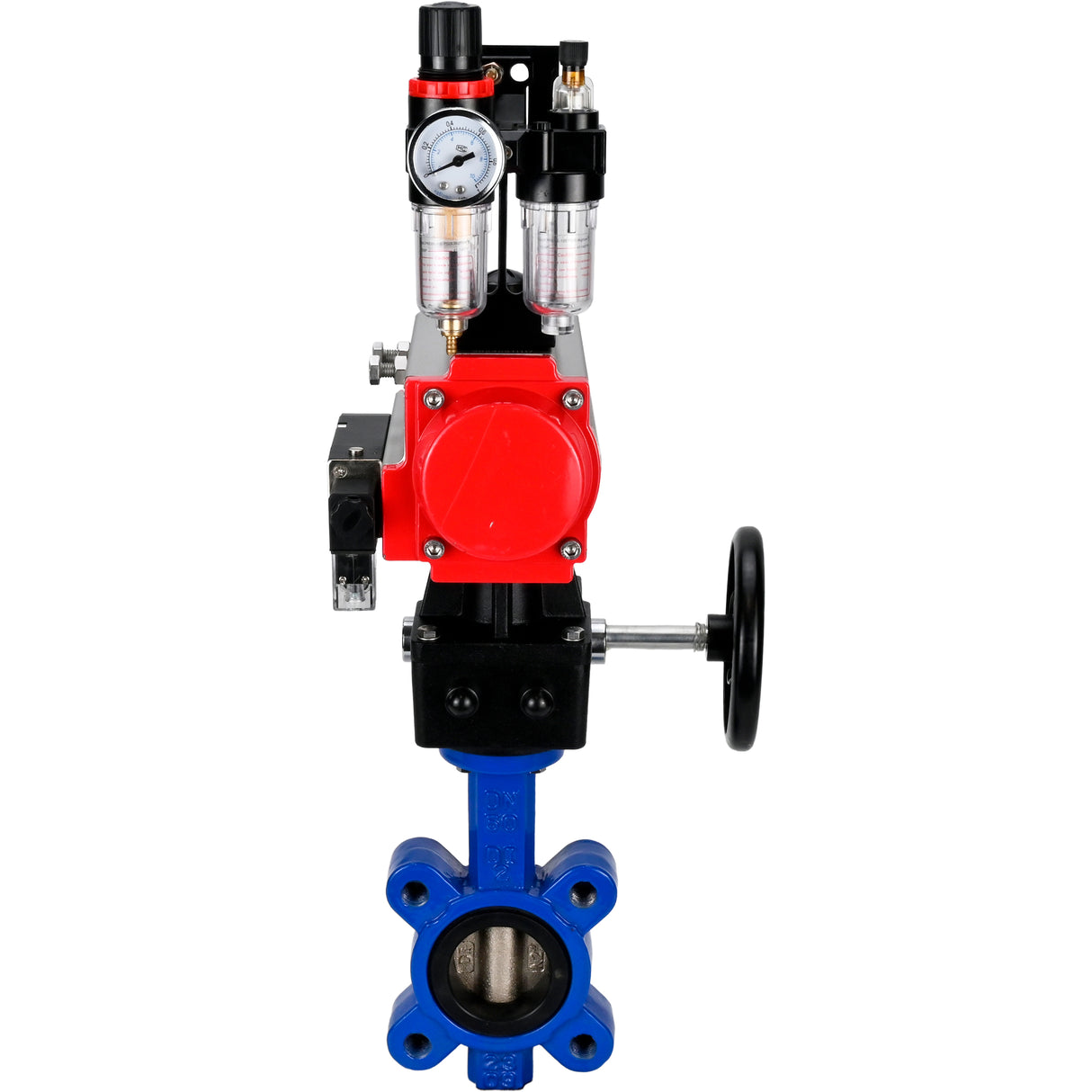 Vanne papillon d'eau Elephant WBV1616E-2W-Fb-H, matériau du corps - fonte QT450, matériau du disque - fonte QT450, joint - EPDM, actionneur pneumatique PA-DA double action, volant 4M310-08 220V MON, BPV AFC2000