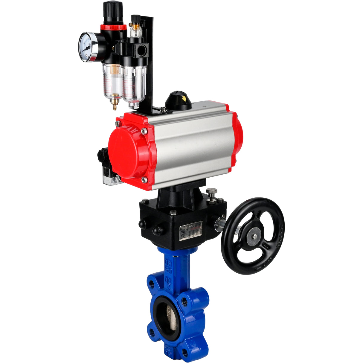Vanne papillon d'eau Elephant WBV1616E-2W-Fb-H, matériau du corps - fonte QT450, matériau du disque - fonte QT450, joint - EPDM, actionneur pneumatique PA-DA double action, volant 4M310-08 220V MON, BPV AFC2000