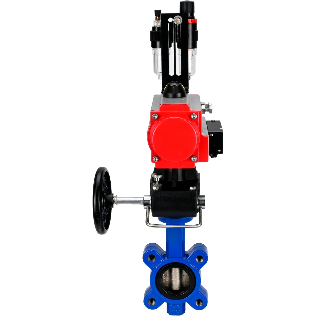 Vanne papillon d'eau Elephant WBV1616E-2W-Fb-H, matériau du corps - fonte QT450, matériau du disque - fonte QT450, joint - EPDM, actionneur pneumatique PA-DA double action, volant 4M310-08 220V MON, BPV AFC2000