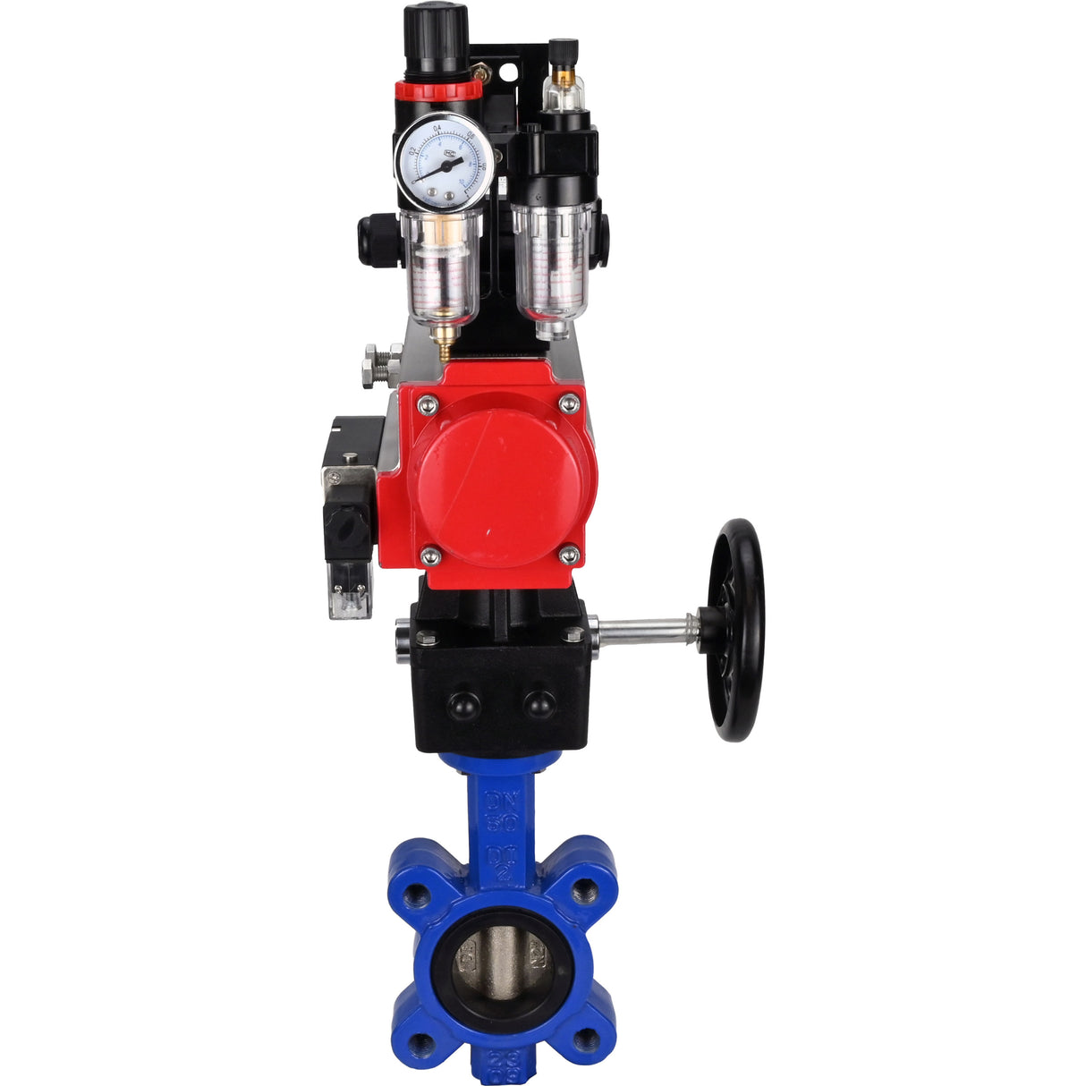 Vanne papillon d'eau Elephant WBV1616N-2W-Fb-H, matériau du corps - fonte QT450, matériau du disque - fonte QT450, joint - NBR, actionneur pneumatique PA-DA double action, 4M310-08 24V, BKV APL-210N, volant MON, BPV AFC2000