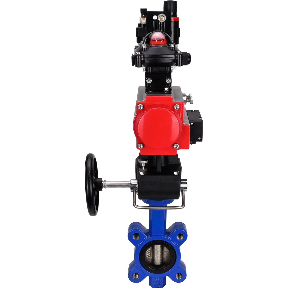 Vanne papillon d'eau Elephant WBV1616N-2W-Fb-H, matériau du corps - fonte QT450, matériau du disque - fonte QT450, joint - NBR, actionneur pneumatique PA-DA double action, 4M310-08 24V, BKV APL-210N, volant MON, BPV AFC2000