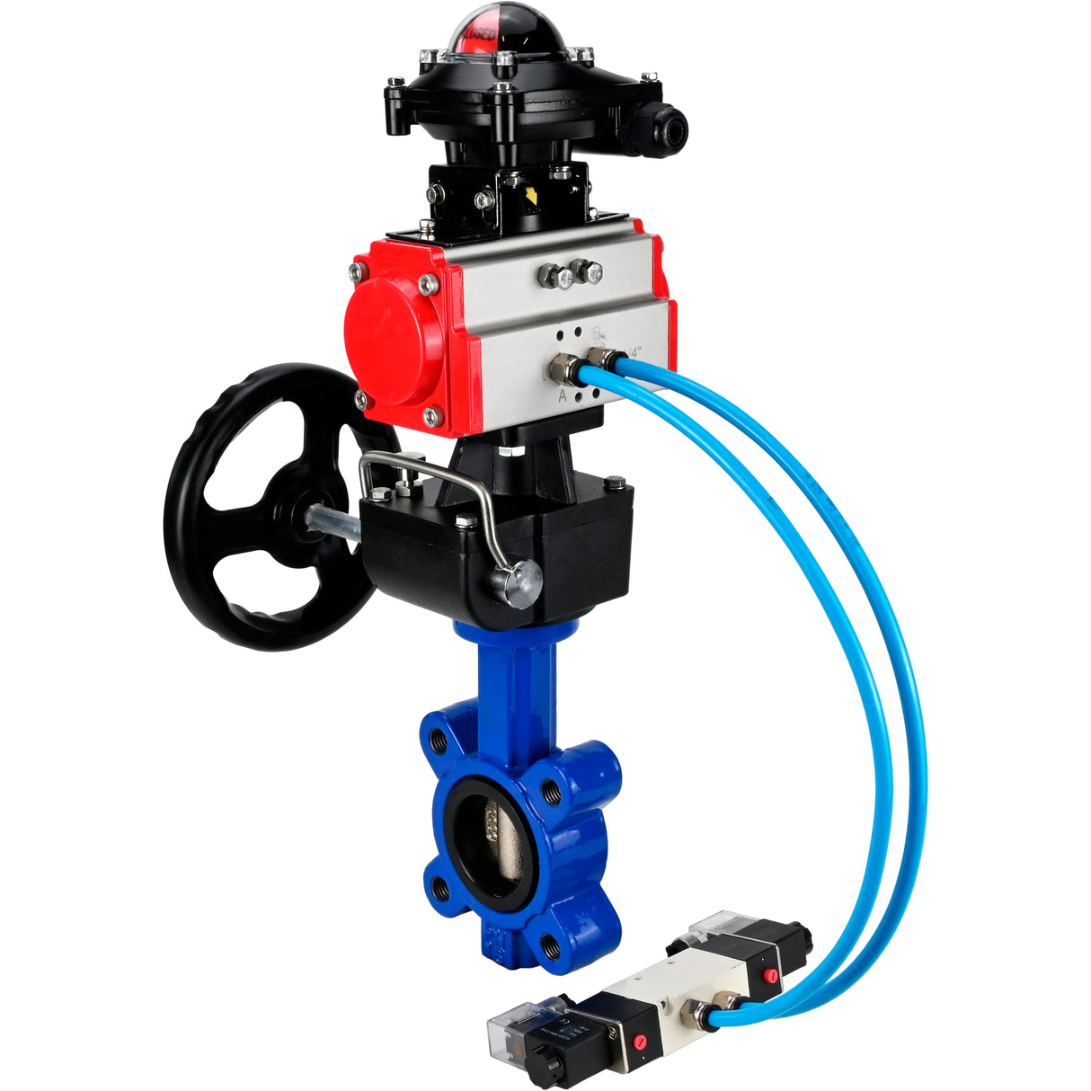 Vanne papillon d'eau Elephant WBV1616N-2W-Fb-H, matériau du corps - fonte QT450, matériau du disque - fonte QT450, joint - NBR, actionneur pneumatique PA-DA double action, 4V320-08 220V, BKV APL-210N, volant MON