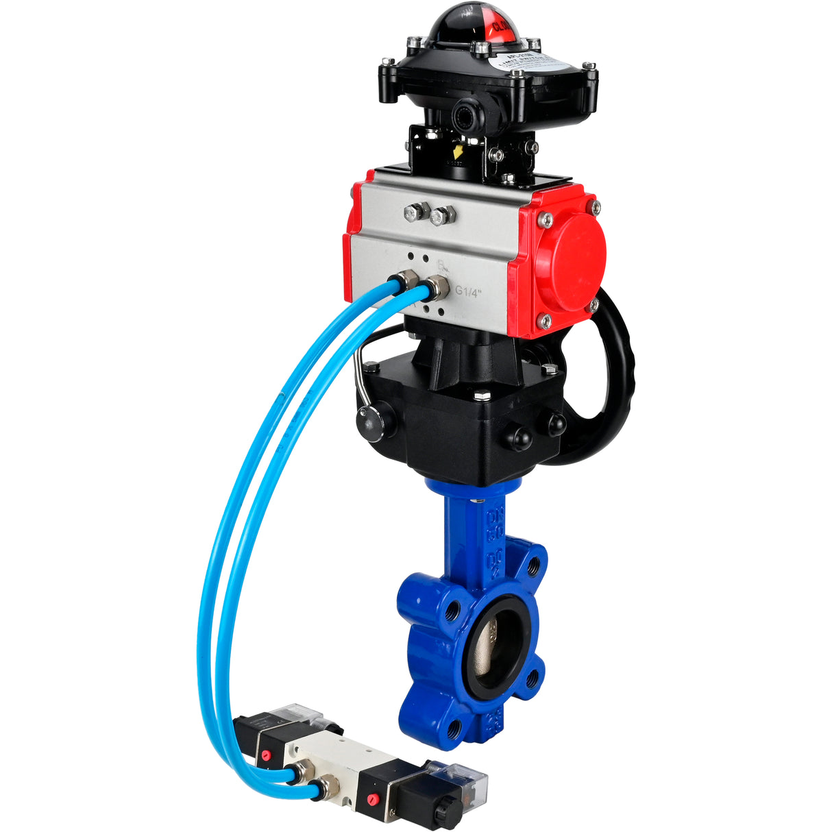Vanne papillon d'eau Elephant WBV1616N-2W-Fb-H, matériau du corps - fonte QT450, matériau du disque - fonte QT450, joint - NBR, actionneur pneumatique PA-DA double action, 4V320-08 220V, BKV APL-210N, volant MON