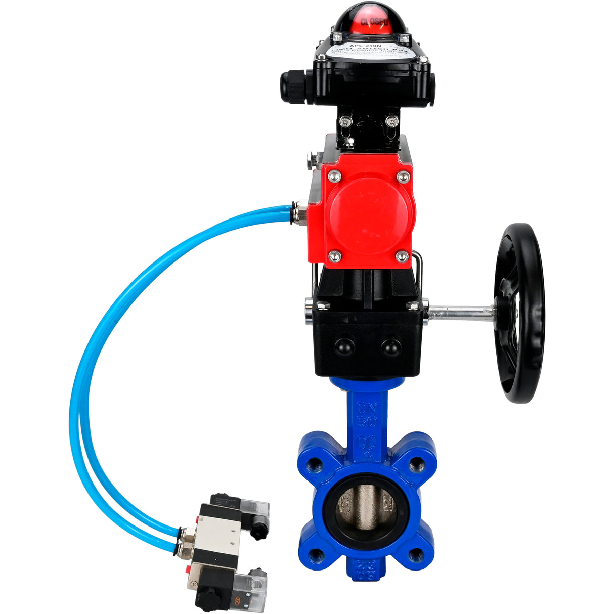 Vanne papillon d'eau Elephant WBV1616N-2W-Fb-H, matériau du corps - fonte QT450, matériau du disque - fonte QT450, joint - NBR, actionneur pneumatique PA-DA double action, 4V320-08 220V, BKV APL-210N, volant MON