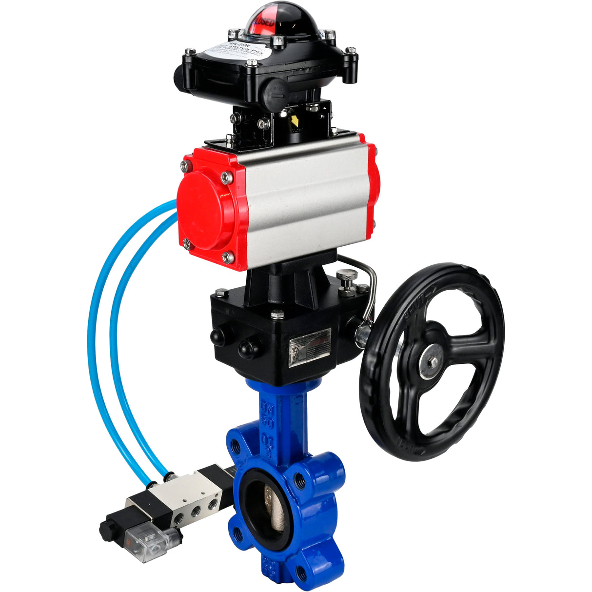 Vanne papillon d'eau Elephant WBV1616N-2W-Fb-H, matériau du corps - fonte QT450, matériau du disque - fonte QT450, joint - NBR, actionneur pneumatique PA-DA double action, 4V320-08 220V, BKV APL-210N, volant MON