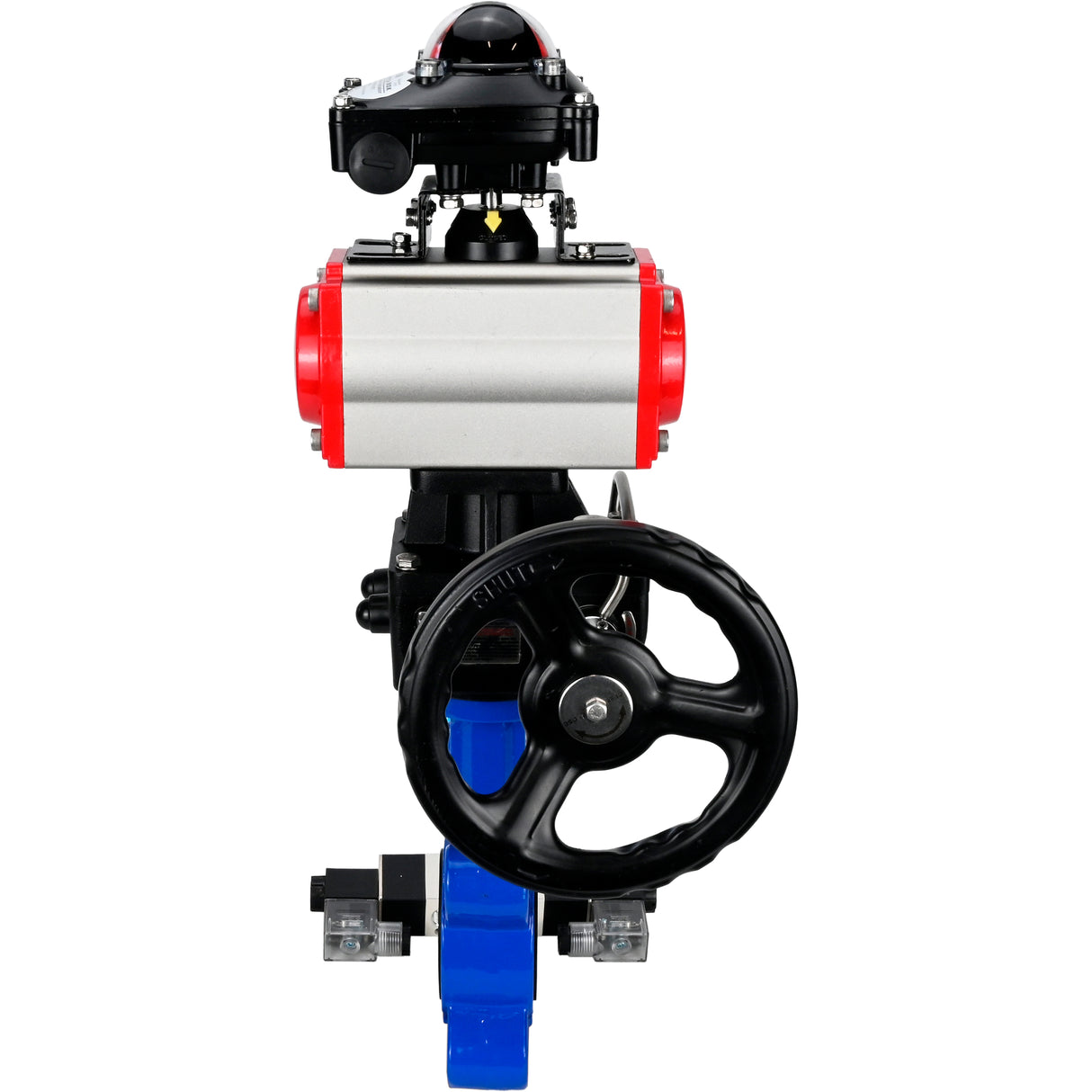 Vanne papillon d'eau Elephant WBV1616N-2W-Fb-H, matériau du corps - fonte QT450, matériau du disque - fonte QT450, joint - NBR, actionneur pneumatique PA-DA double action, 4V320-08 220V, BKV APL-210N, volant MON