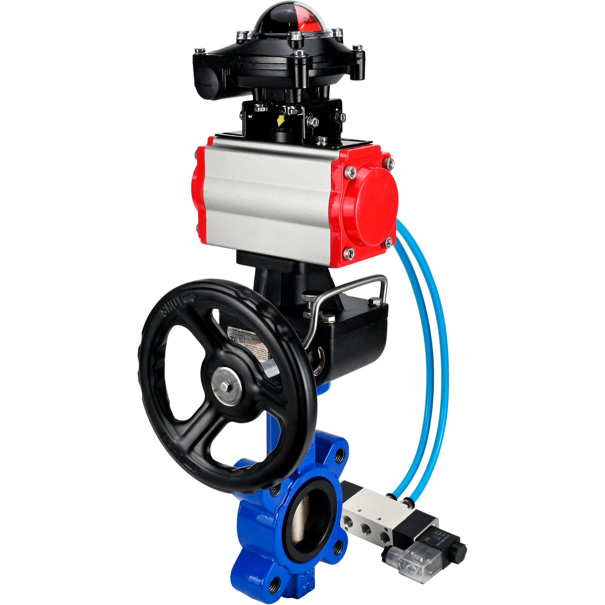 Vanne papillon d'eau Elephant WBV1616N-2W-Fb-H, matériau du corps - fonte QT450, matériau du disque - fonte QT450, joint - NBR, actionneur pneumatique PA-DA double action, 4V320-08 220V, BKV APL-210N, volant MON