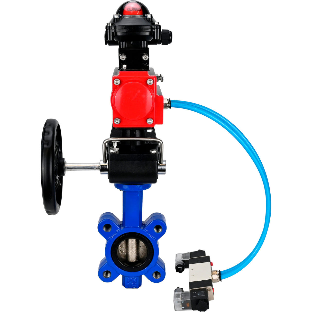 Vanne papillon d'eau Elephant WBV1616N-2W-Fb-H, matériau du corps - fonte QT450, matériau du disque - fonte QT450, joint - NBR, actionneur pneumatique PA-DA double action, 4V320-08 220V, BKV APL-210N, volant MON