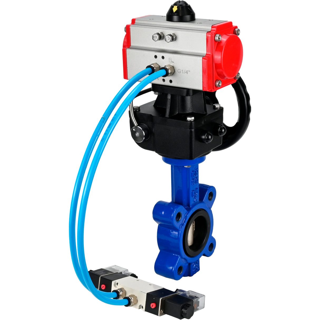 Vanne papillon d'eau Elephant WBV1616E-2W-Fb-H, matériau du corps - fonte QT450, matériau du disque - fonte QT450, joint - EPDM, avec actionneur pneumatique double effet PA-DA, 4V320-10 220V, volant MON
