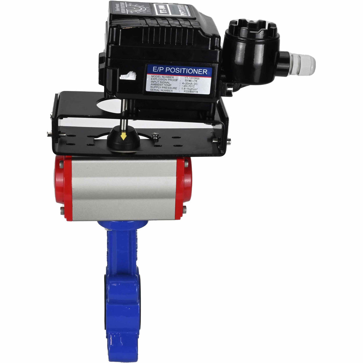 Vanne papillon d'eau Elephant WBV1616N-2W-Fb-H, matériau du corps - fonte QT450, matériau du disque - fonte QT450, joint - NBR, actionneur pneumatique PA-SA avec ressorts de rappel, positionneur YT-1000RSN sans rétroaction