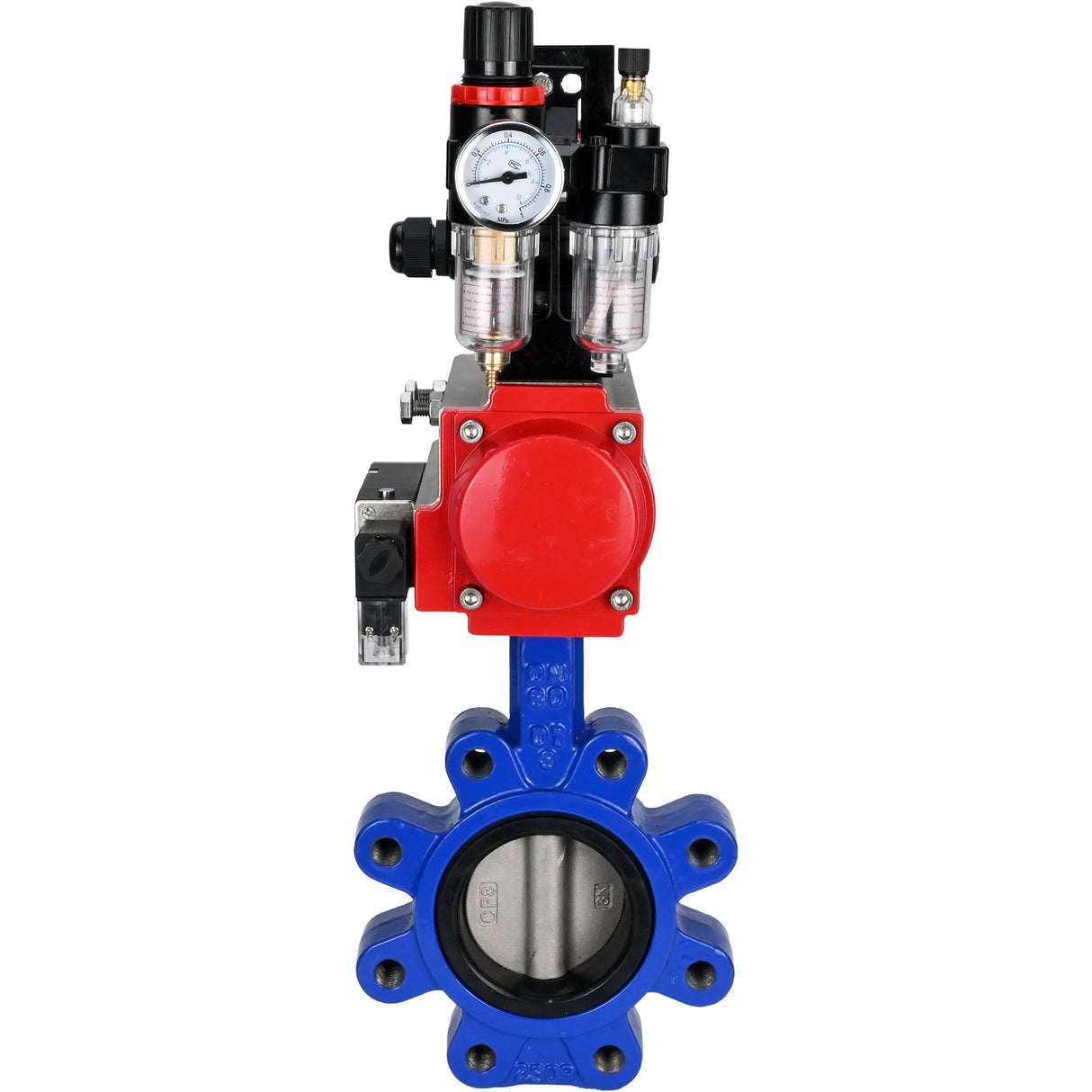 Vanne papillon d'eau Elephant WBV1631N-2W-Fb-H, matériau du corps - fonte QT450, matériau du disque - acier inoxydable AISI 304, joint - NBR, actionneur pneumatique PA-SA avec ressorts de rappel, 4M310-08 220V, BKV APL-210N BPV AFC2000
