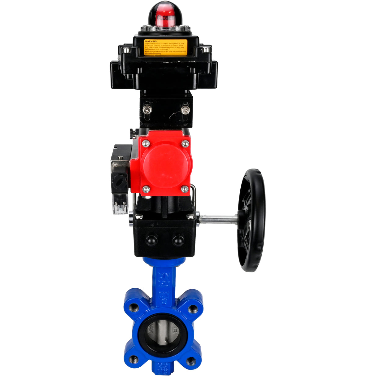 Vanne papillon d'eau Elephant WBV1631N-2W-Fb-H, matériau du corps - fonte QT450, matériau du disque - acier inoxydable AISI 304, joint - NBR, actionneur pneumatique PA-DA double action, 4M310-08 24V, BKV APL-410N EX, volant MON