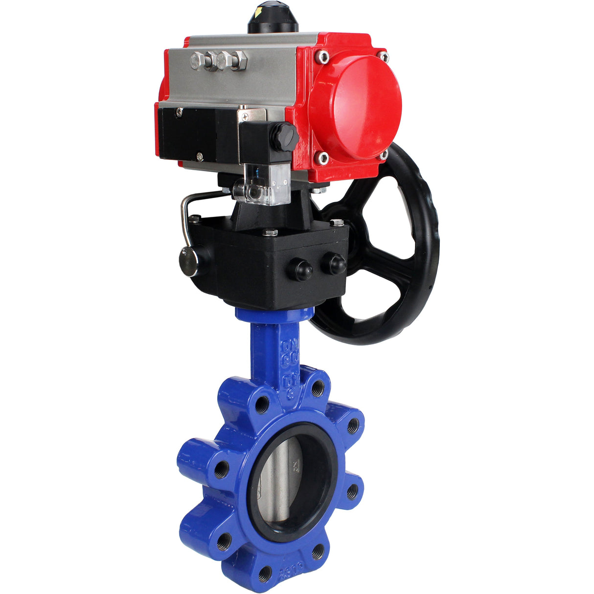 Vanne papillon d'eau Elephant WBV1631N-2W-Fb-H, matériau du corps - fonte QT450, matériau du disque - acier inoxydable AISI 304, joint - NBR, actionneur pneumatique PA-DA double action, volant 4M310-08 220V MON