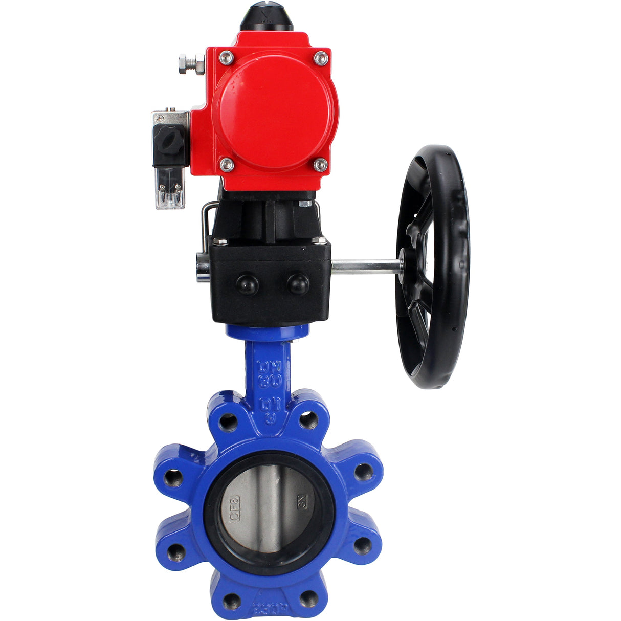 Vanne papillon d'eau Elephant WBV1631N-2W-Fb-H, matériau du corps - fonte QT450, matériau du disque - acier inoxydable AISI 304, joint - NBR, actionneur pneumatique PA-DA double action, volant 4M310-08 220V MON