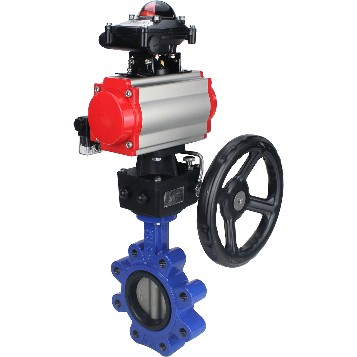Vanne papillon d'eau Elephant WBV1631E-2W-Fb-H, matériau du corps - fonte QT450, matériau du disque - acier inoxydable AISI 304, joint - EPDM, actionneur pneumatique PA-DA double action, 4M310-08 24V, BKV APL-210N, volant MON