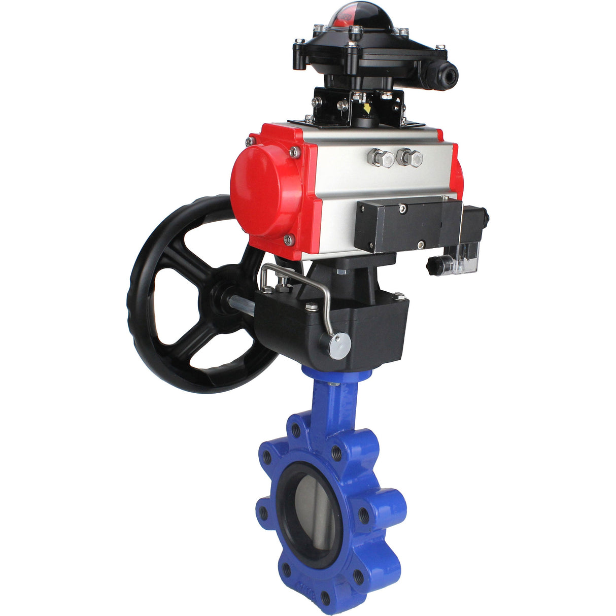 Vanne papillon d'eau Elephant WBV1631E-2W-Fb-H, matériau du corps - fonte QT450, matériau du disque - acier inoxydable AISI 304, joint - EPDM, actionneur pneumatique PA-DA double action, 4M310-08 24V, BKV APL-210N, volant MON