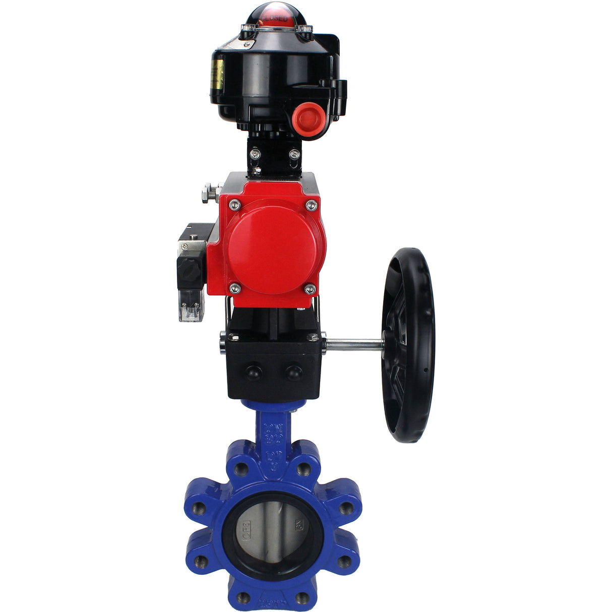 Vanne papillon d'eau Elephant WBV1631E-2W-Fb-H, matériau du corps - fonte QT450, matériau du disque - acier inoxydable AISI 304, joint - EPDM, actionneur pneumatique PA-DA double action, 4M310-08 24V, BKV APL-510N EX, volant MON