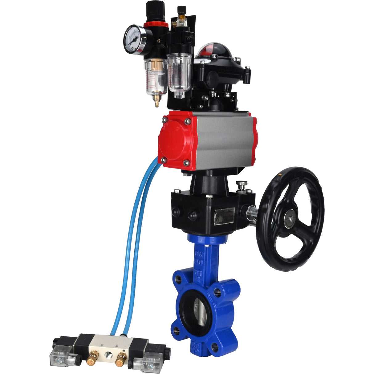 Vanne papillon d'eau Elephant WBV1631N-2W-Fb-H, matériau du corps - fonte QT450, matériau du disque - acier inoxydable AISI 304, joint - NBR, actionneur pneumatique PA-DA double action, 4V320-10 220V, BKV APL-210N, volant MON, BPV AFC2000