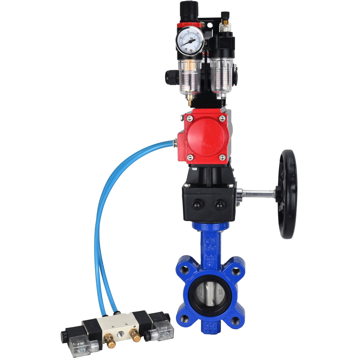 Vanne papillon d'eau Elephant WBV1631N-2W-Fb-H, matériau du corps - fonte QT450, matériau du disque - acier inoxydable AISI 304, joint - NBR, actionneur pneumatique PA-DA double action, 4V320-10 220V, BKV APL-210N, volant MON, BPV AFC2000