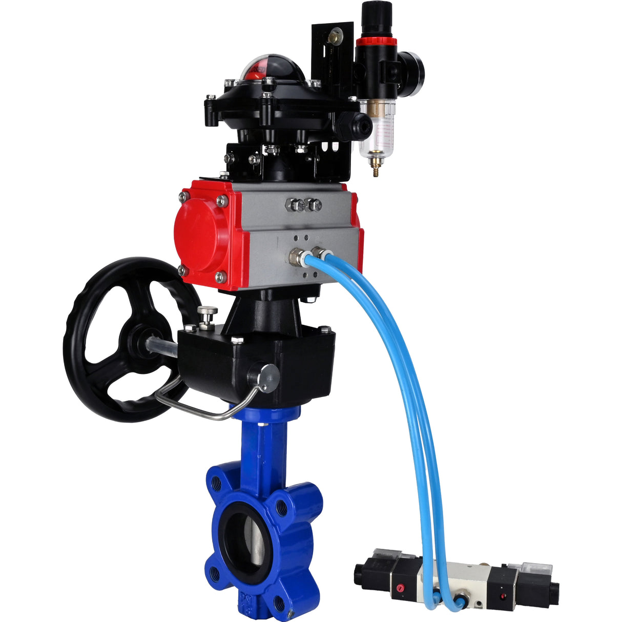 Vanne papillon d'eau Elephant WBV1631N-2W-Fb-H, matériau du corps - fonte QT450, matériau du disque - acier inoxydable AISI 304, joint - NBR, actionneur pneumatique PA-DA double action, 4V320-10 220V, BKV APL-210N, volant MON, BPV AFC2000