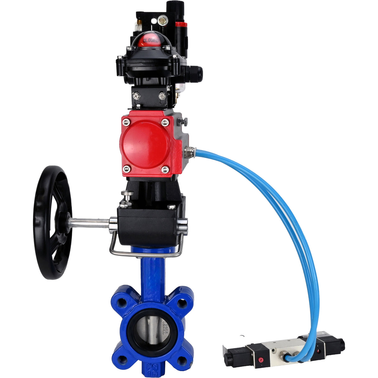 Vanne papillon d'eau Elephant WBV1631N-2W-Fb-H, matériau du corps - fonte QT450, matériau du disque - acier inoxydable AISI 304, joint - NBR, actionneur pneumatique PA-DA double action, 4V320-10 220V, BKV APL-210N, volant MON, BPV AFC2000