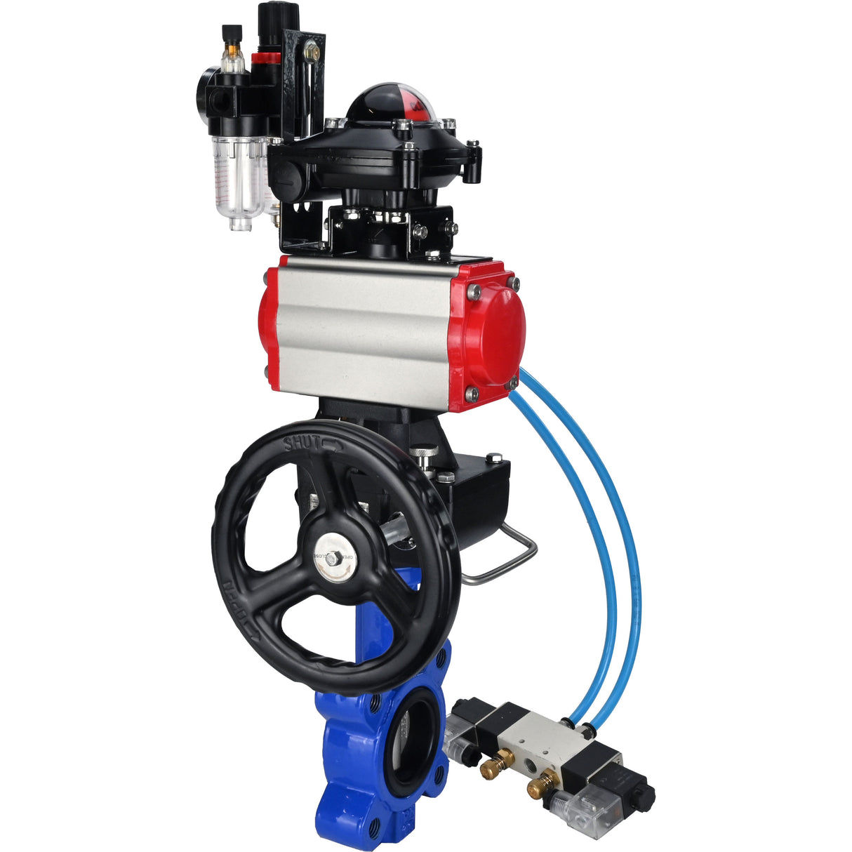 Vanne papillon d'eau Elephant WBV1631N-2W-Fb-H, matériau du corps - fonte QT450, matériau du disque - acier inoxydable AISI 304, joint - NBR, actionneur pneumatique PA-DA double action, 4V320-10 220V, BKV APL-210N, volant MON, BPV AFC2000