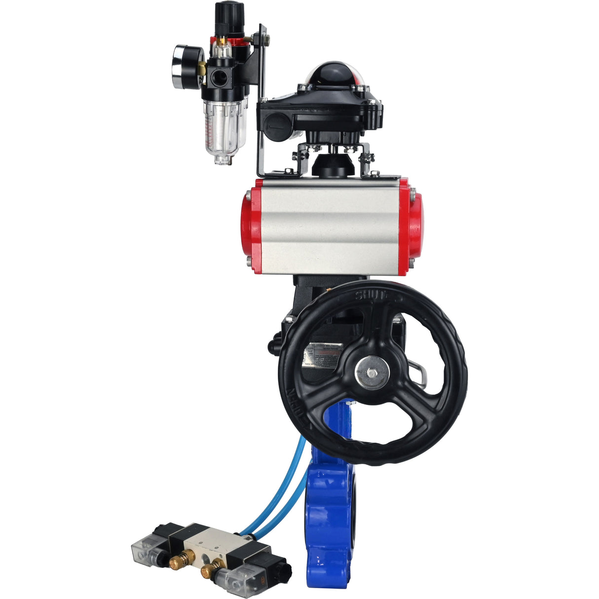 Vanne papillon d'eau Elephant WBV1631N-2W-Fb-H, matériau du corps - fonte QT450, matériau du disque - acier inoxydable AISI 304, joint - NBR, actionneur pneumatique PA-DA double action, 4V320-10 220V, BKV APL-210N, volant MON, BPV AFC2000