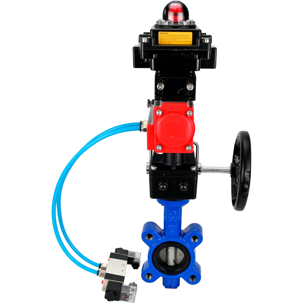 Vanne papillon d'eau Elephant WBV1631N-2W-Fb-H, matériau du corps - fonte QT450, matériau du disque - acier inoxydable AISI 304, joint - NBR, actionneur pneumatique PA-DA double action, 4V320-10 220V, BKV APL-410N EX, volant MON