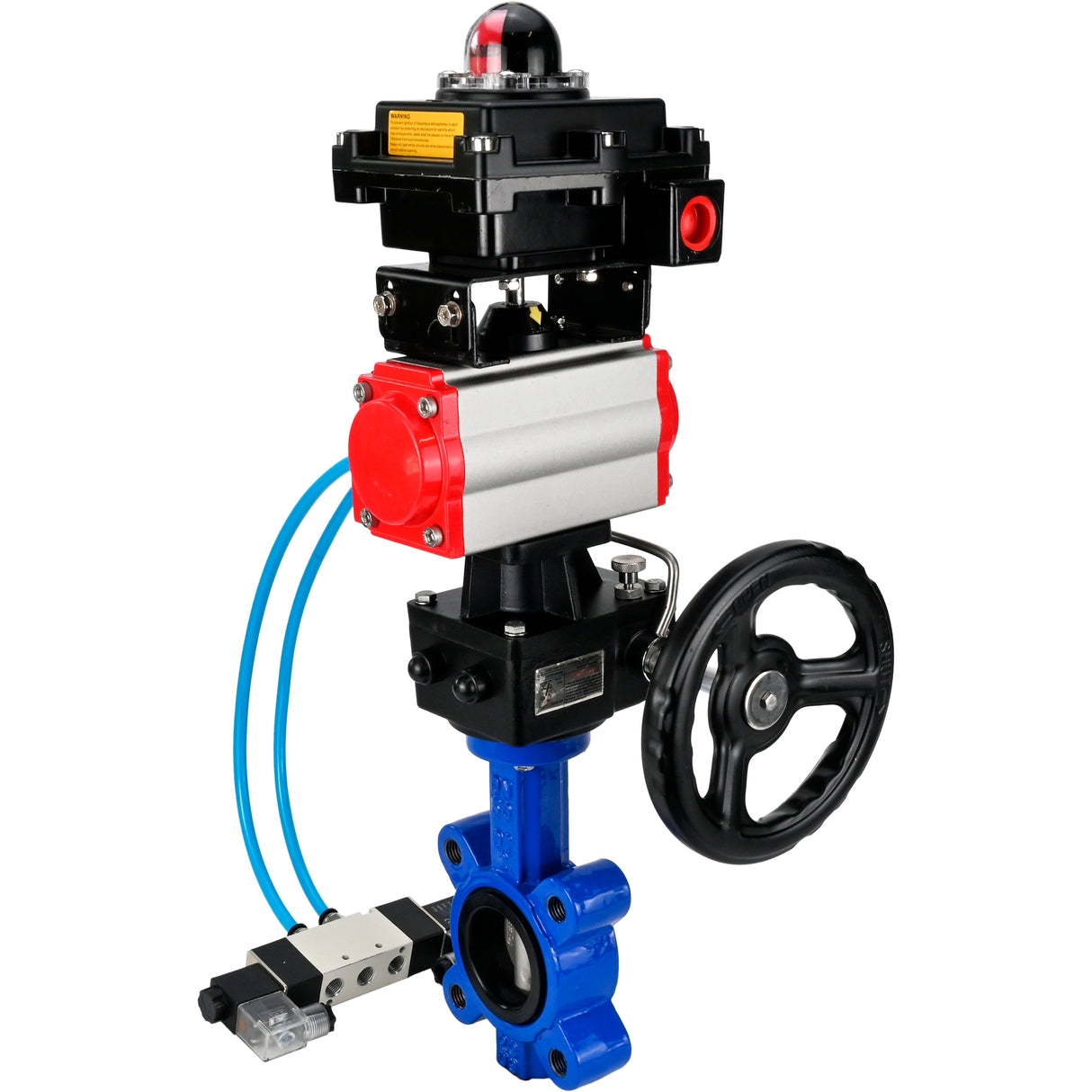 Vanne papillon d'eau Elephant WBV1631N-2W-Fb-H, matériau du corps - fonte QT450, matériau du disque - acier inoxydable AISI 304, joint - NBR, actionneur pneumatique PA-DA double action, 4V320-10 220V, BKV APL-410N EX, volant MON