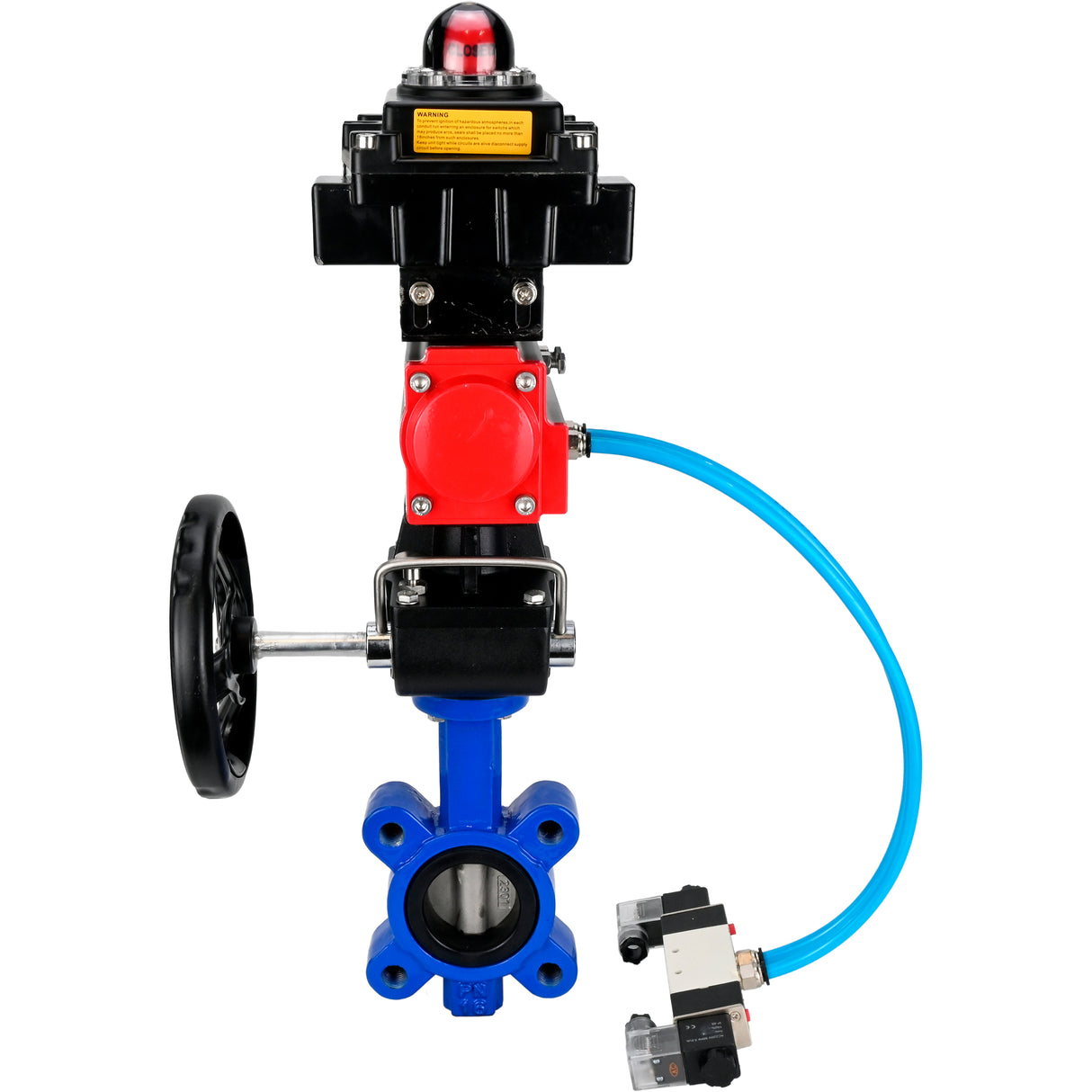 Vanne papillon d'eau Elephant WBV1631N-2W-Fb-H, matériau du corps - fonte QT450, matériau du disque - acier inoxydable AISI 304, joint - NBR, actionneur pneumatique PA-DA double action, 4V320-10 220V, BKV APL-410N EX, volant MON