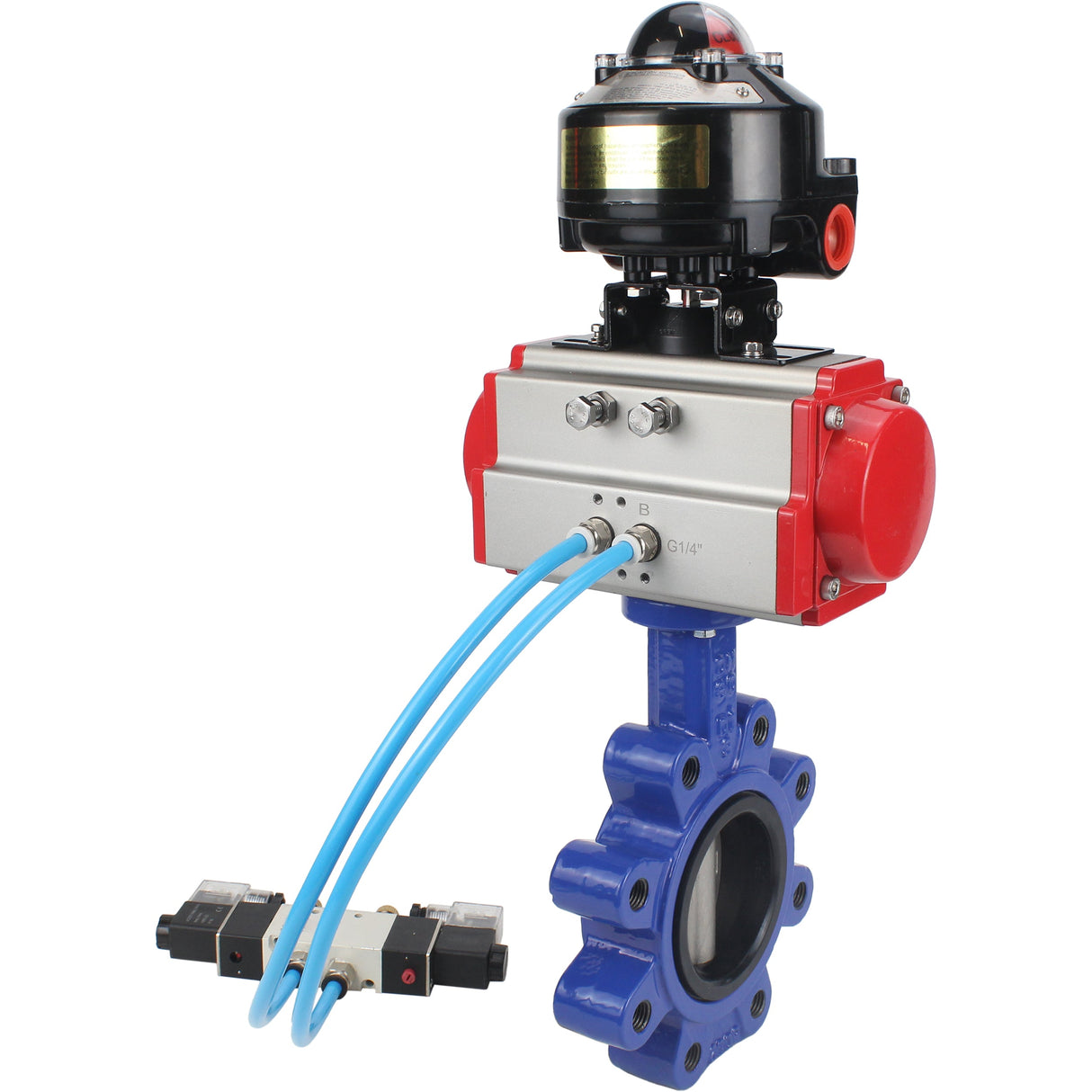 Vanne papillon d'eau Elephant WBV1631N-2W-Fb-H, matériau du corps - fonte QT450, matériau du disque - acier inoxydable AISI 304, joint - NBR, actionneur pneumatique PA-SA avec ressorts de rappel, 4V320-08 220V, BKV APL-510N EX