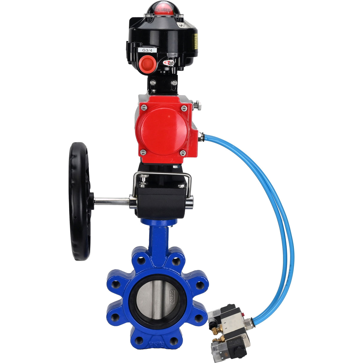 Vanne papillon d'eau Elephant WBV1631N-2W-Fb-H, matériau du corps - fonte QT450, matériau du disque - acier inoxydable AISI 304, joint - NBR, actionneur pneumatique PA-DA double action, 4V320-10 220V, BKV APL-510N EX, volant MON