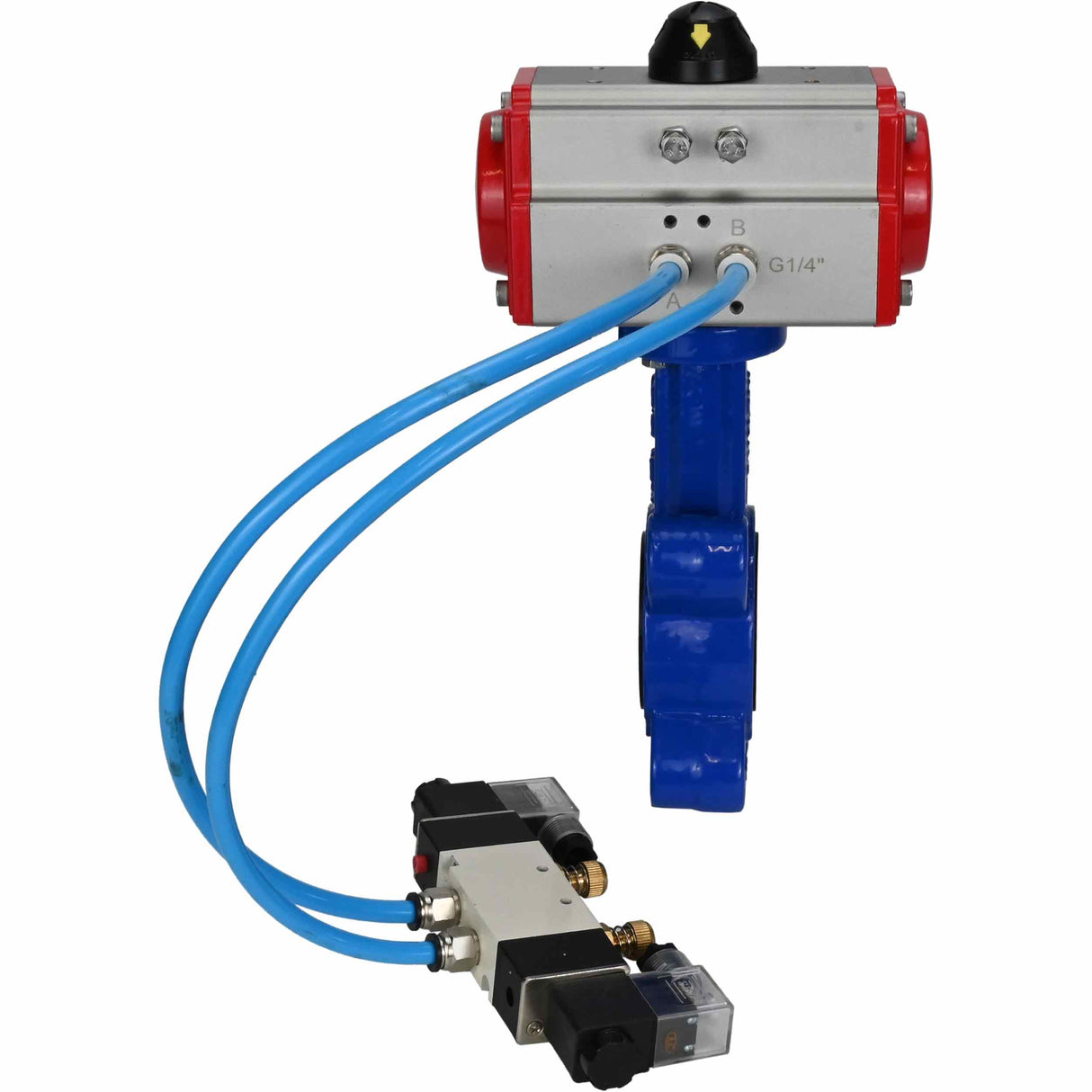 Vanne papillon d'eau Elephant WBV1631E-2W-Fb-H, matériau du corps - fonte QT450, matériau du disque - acier inoxydable AISI 304, joint - EPDM, actionneur pneumatique PA-SA avec ressorts de rappel, 4V320-08 220V
