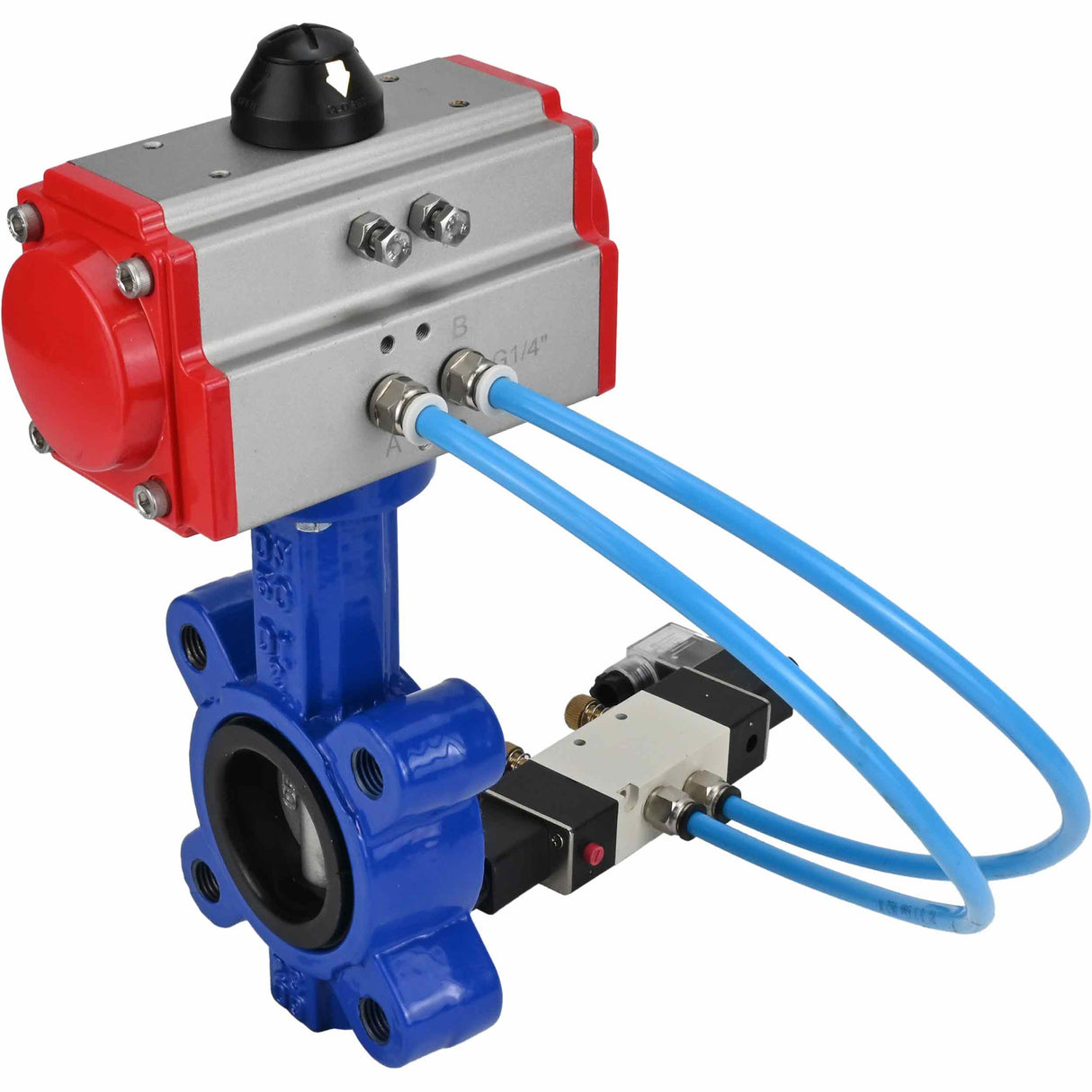 Vanne papillon d'eau Elephant WBV1631E-2W-Fb-H, matériau du corps - fonte QT450, matériau du disque - acier inoxydable AISI 304, joint - EPDM, actionneur pneumatique PA-SA avec ressorts de rappel, 4V320-10 220V