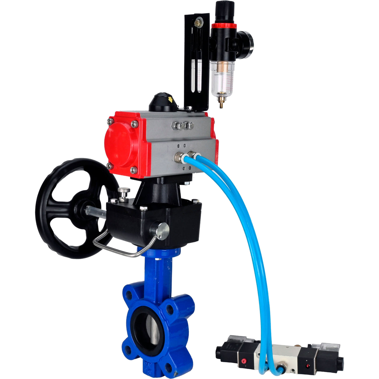 Vanne papillon d'eau Elephant WBV1631N-2W-Fb-H, matériau du corps - fonte QT450, matériau du disque - acier inoxydable AISI 304, joint - NBR, actionneur pneumatique PA-DA double action, volant manuel 4V320-10 220V MON, BPV AFC2000
