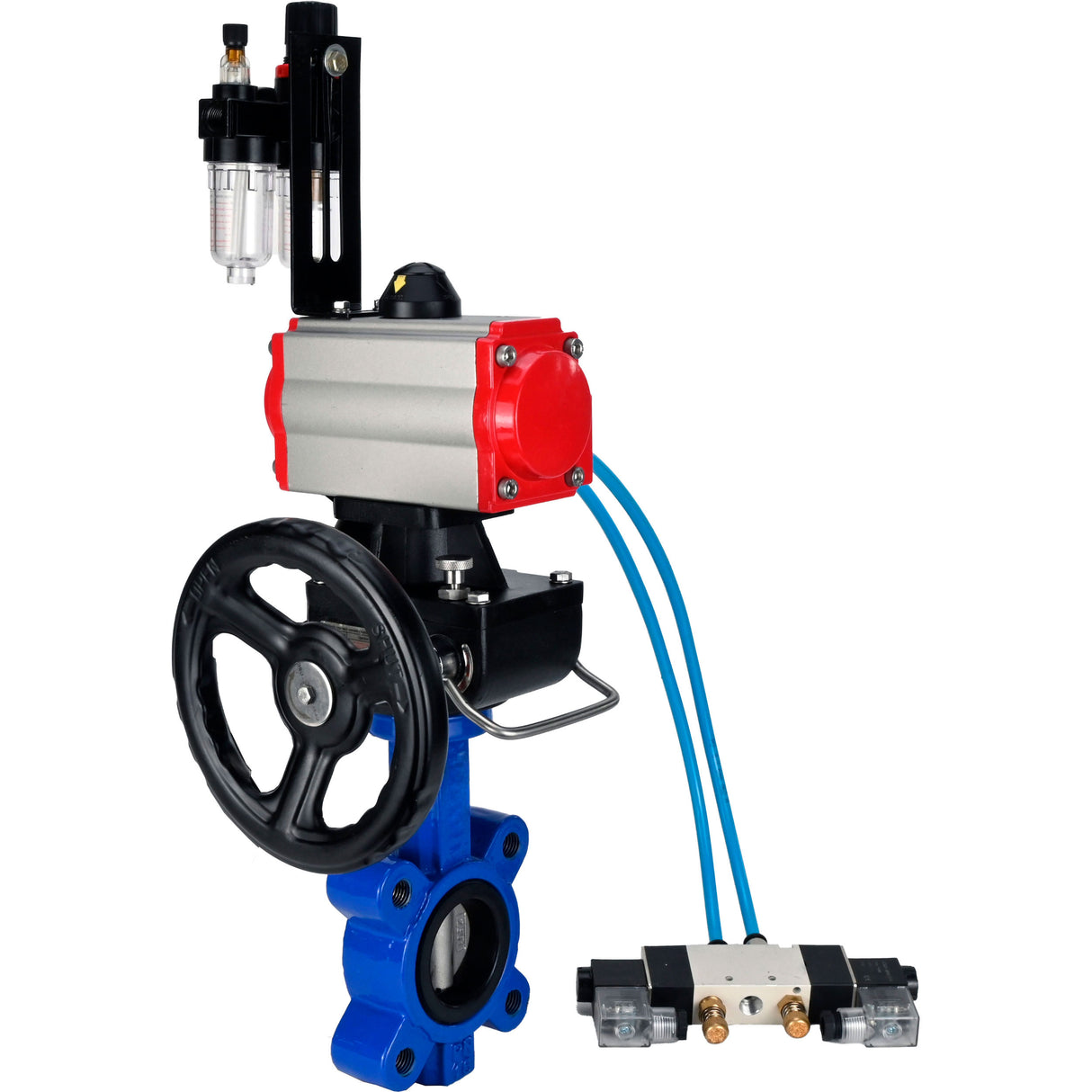 Vanne papillon d'eau Elephant WBV1631N-2W-Fb-H, matériau du corps - fonte QT450, matériau du disque - acier inoxydable AISI 304, joint - NBR, actionneur pneumatique PA-DA double action, volant manuel 4V320-10 220V MON, BPV AFC2000