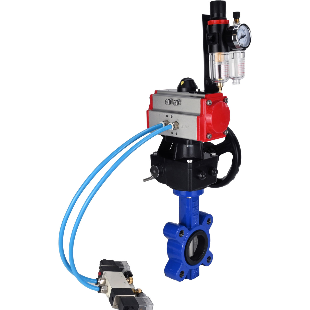 Vanne papillon d'eau Elephant WBV1631N-2W-Fb-H, matériau du corps - fonte QT450, matériau du disque - acier inoxydable AISI 304, joint - NBR, actionneur pneumatique PA-DA double action, volant manuel 4V320-10 220V MON, BPV AFC2000