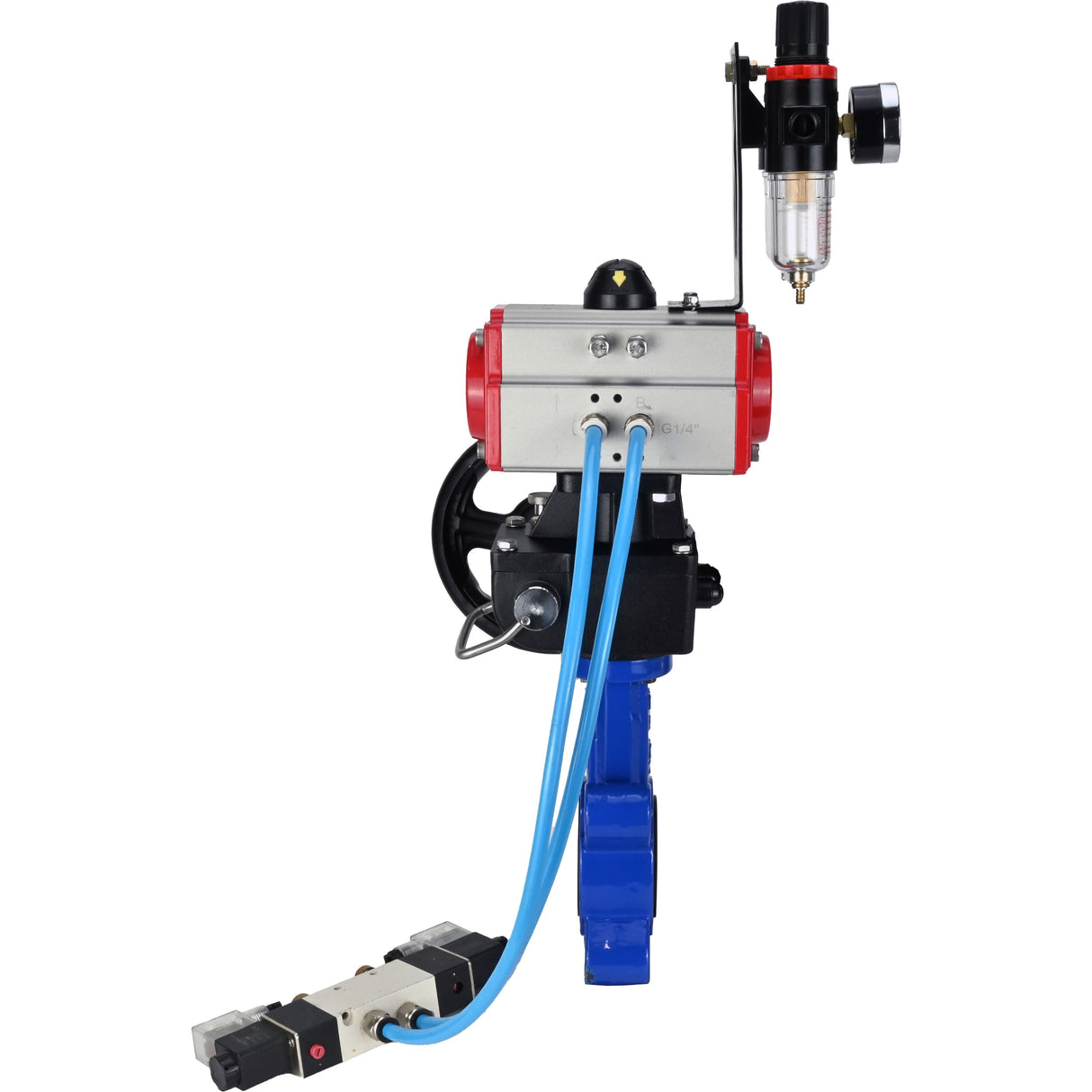 Vanne papillon d'eau Elephant WBV1631N-2W-Fb-H, matériau du corps - fonte QT450, matériau du disque - acier inoxydable AISI 304, joint - NBR, actionneur pneumatique PA-DA double action, volant manuel 4V320-10 220V MON, BPV AFC2000