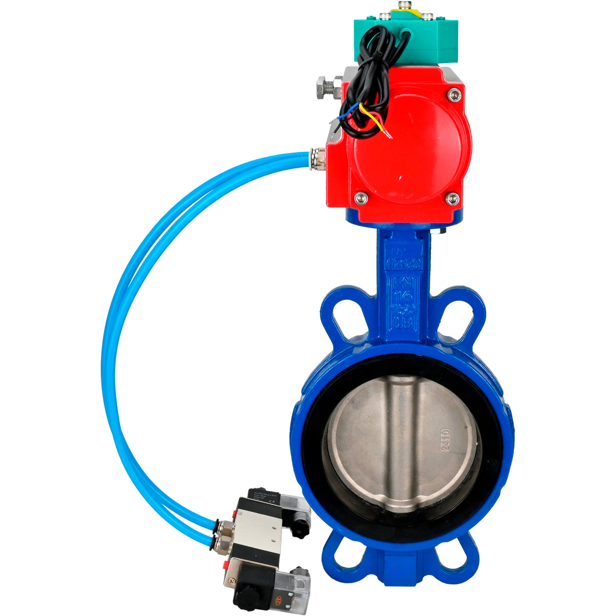 Water Butterfly Valve for abrasive media  Elephant WBV1632E-2W-Fb-H DN40-200 16 bar body - QT450 cast iron, disc - 316L stainless steel, seal - EPDM, with pneumatic actuator PA-DA-XXX, pneumatic distributor 4V320-08 220V and ALS200D magnetic switch