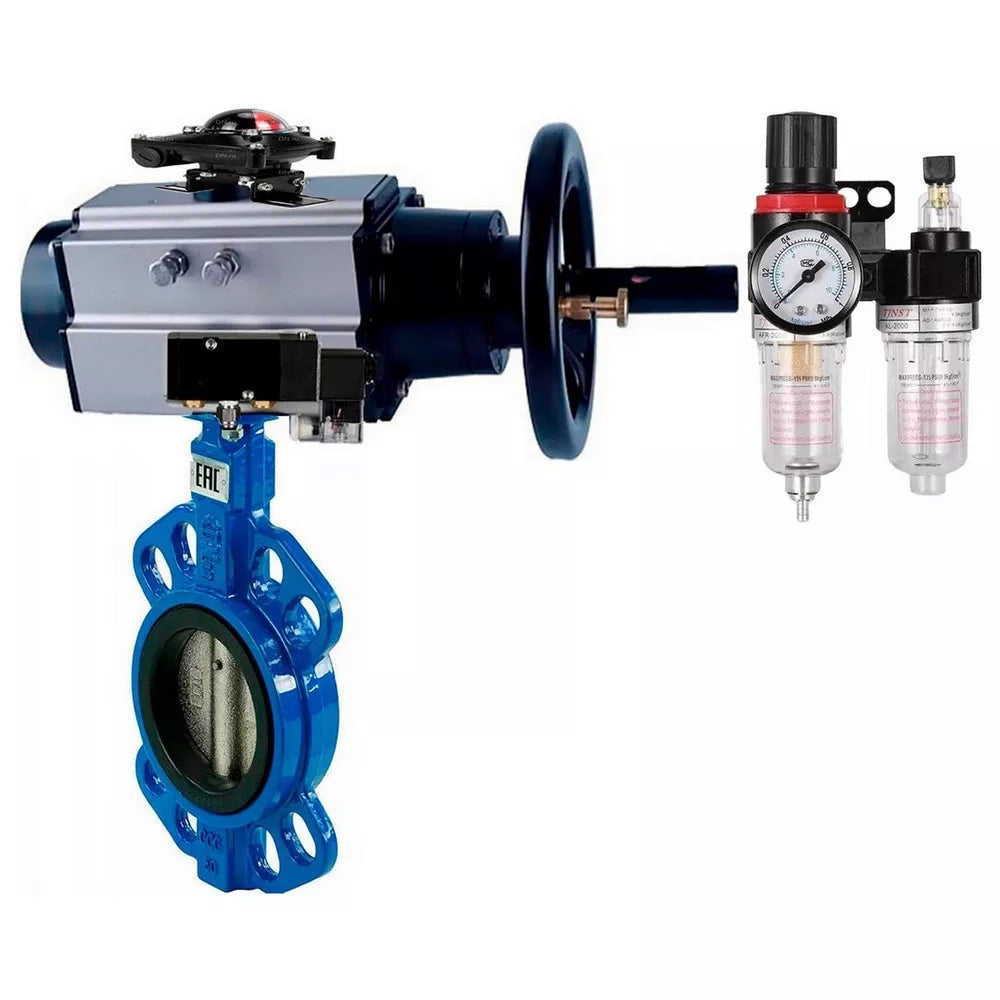 Vanne papillon d'eau Elephant WBV1132N-2W-Fb-H, matériau du corps - fonte grise GG25, matériau du disque - acier inoxydable AISI 316L, joint - NBR, avec actionneur pneumatique double effet PA-DA-105-1, 4V320-08 220V, BKV APL-410N EXBPV AFC2000