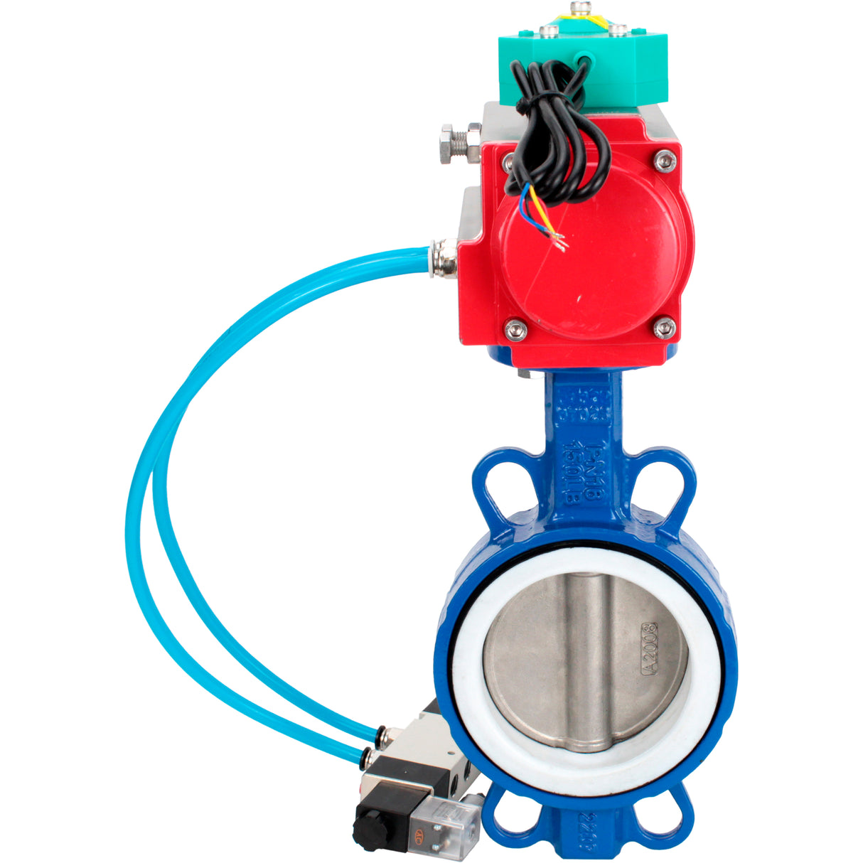 Water Butterfly Valve Elephant WBV3432P-2W-Fb-H DN40-300 16 bar body - WCB carbon steel, disc - 316L stainless steel, seal - PTFE, with pneumatic actuator PA-DA-XXX, pneumatic distributor 4V320-08 220V and ALS200D magnetic switch