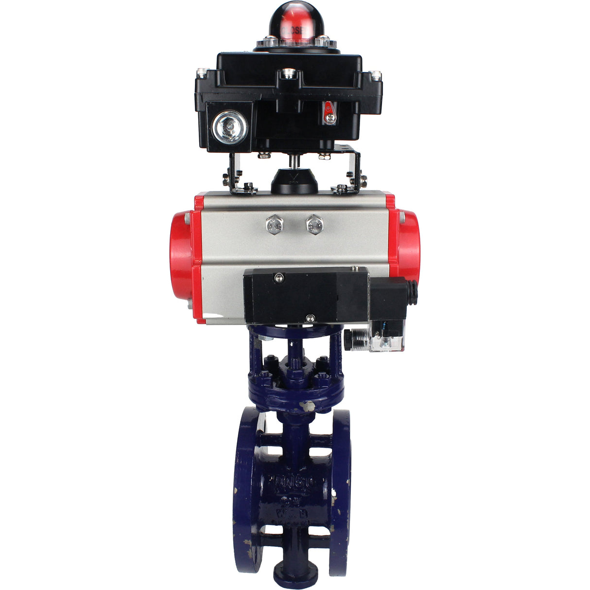 Vanne papillon d'eau Elephant WBV3EX-3431M-1W-F-ISO, matériau du corps - Acier au carbone, matériau du disque - Acier inoxydable AISI 304, joint - Métal, actionneur pneumatique PA-SA avec ressorts de rappel, 4M310-08 220V, BKV APL-410N EX