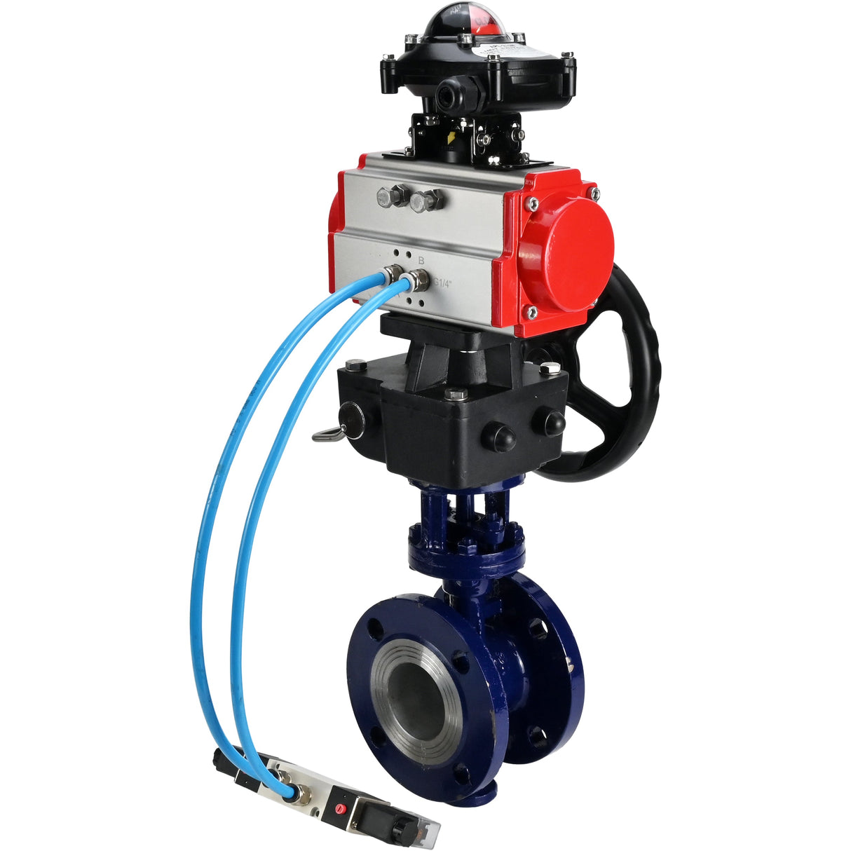Vanne papillon d'eau Elephant WBV3EX-3432M-1W-F-ISO, matériau du corps - Acier au carbone, matériau du disque - Acier inoxydable AISI 316, joint - Métal, actionneur pneumatique PA-DA double action, 4V320-08 220V, BKV APL-210N, volant MON